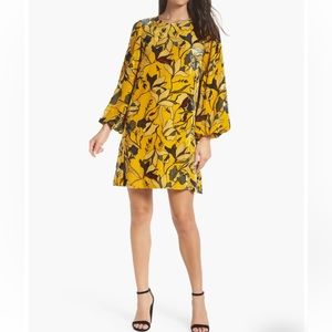 French Connection Aventine Floral Balloon Sleeve Velvet Tunic Mini Dress Yellow